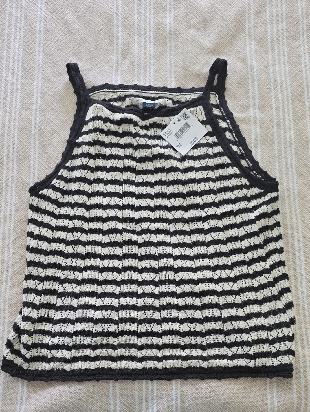 American Eagle Outfitters Black & White Striped Crochet Tank